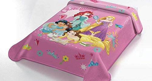 OEKO-TEX Manta Terciopelo Disney Modelo: Princesas Disney, Color: Rosa, Medida: 160x220 (Ideal para Cama de 90cm.)
