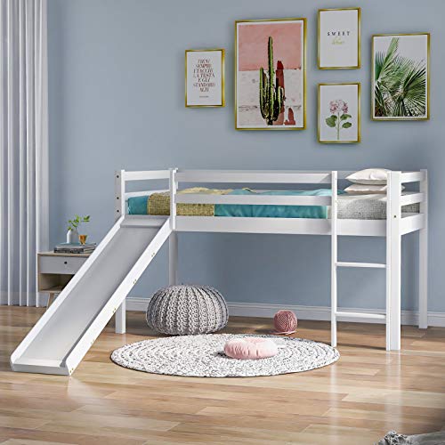 SANGDA Litera de madera con escalera ajustable y tobogán, marco de cama para niños con tobogán de madera media litera para oficina, dormitorio, escuela o hogar