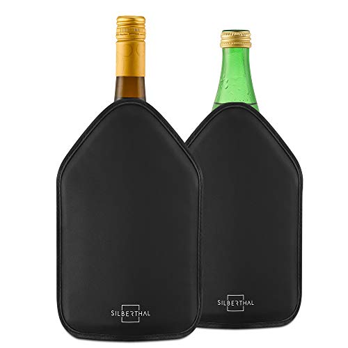 SILBERTHAL Fundas para Botellas de Vino | Set 2 Enfriadores de Botellas Vino Ajustables Antideslizantes y elasticas | Enfriabotellas Gel congelador | Negro