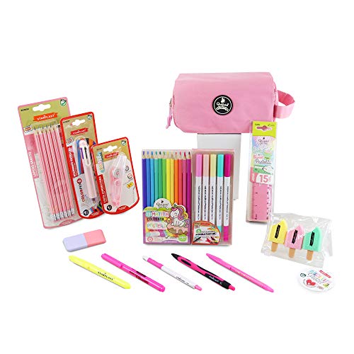 Starplast, Pack Material Escolar, Set Material Escritorio, Lote Productos Escolar, Diferentes Productos, con Tarjeta Personalizable, Color Rosa