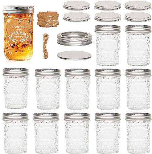 UHAPEER Mason Jars 8 oz, lote de 12 botes de conservas con tapas, etiquetas, cuerda de cáñamo, frascos de gelatina para mermelada, miel, regalos de boda, comida para bebés