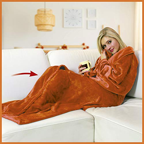 Walser 13680 Manta con mangas, manta de sofá suave, cubrecama esponjosa, manta de vellón caliente, manta de vida, naranja, 150x180cm