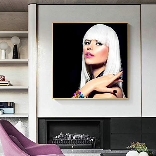 wZUN Moda Mujer de Pelo Blanco Pintura al óleo HD impresión en Lienzo Arte Cartel Pared Imagen decoración de la Sala de Estar 60x60 Sin Marco