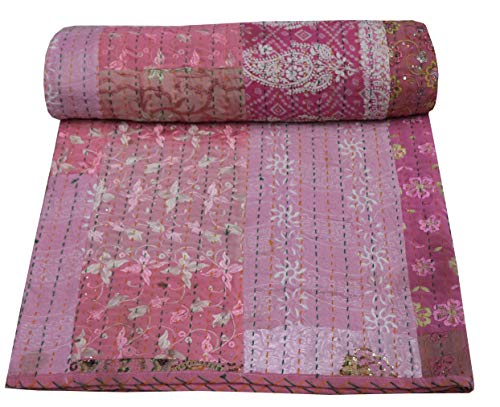 Yuvancrafts - Colcha de algodón para cama de matrimonio (hecha a mano, hecha a mano), diseño de Kantha
