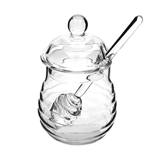 Cabilock Tarro de miel de cristal de 250 ml, tarro de miel de cristal con cuchara y tapa, tarro de mármol transparente para cocina doméstica (transparente)
