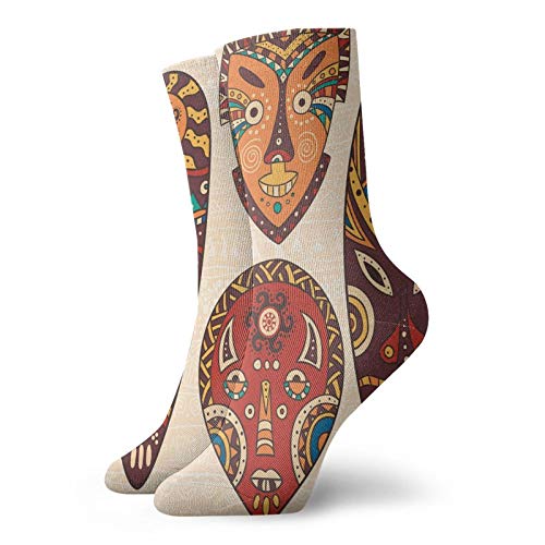 Calcetines suaves de longitud media pantorrilla, patrón tribal africano en máscaras rituales, accesorios étnicos, cultura indígena, calcetines para mujeres y hombres, lo mejor para correr