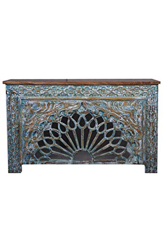 Consola oriental estrecha Ghazal azul 150 cm | Mesa consola oriental vintage tallada a mano | Aparador rústico de madera maciza | Decoración asiática de la India