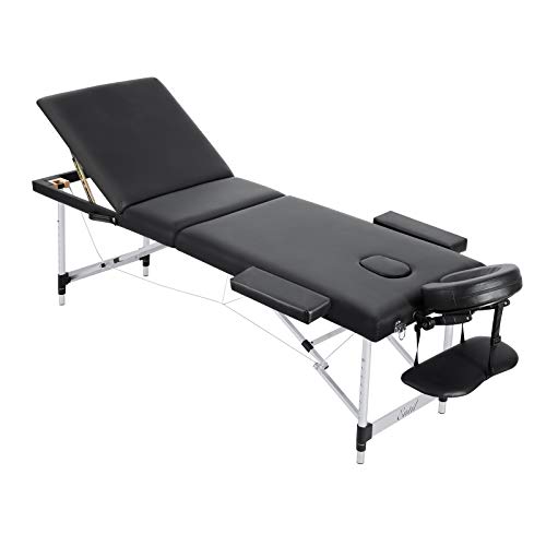 Entil Mesa de masaje, cama de spa de 3 secciones, patas de aluminio, plegable, portátil, con orificio para la cara, bolsa de transporte, respaldo de altura ajustable