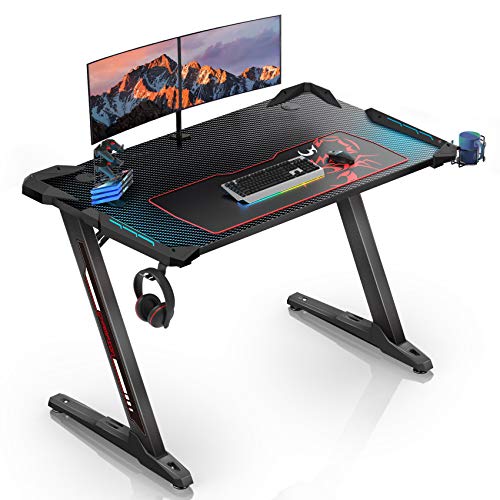EUREKA ERGONOMIC Z1-S Gaming Desk Mesa de juegos para computadora mesa de juegos mesa de juegos para PC con luces LED fibra de carbono portavasos y gancho para auriculares Negro