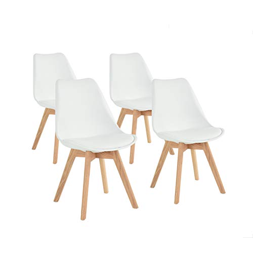 FURNITURE-R France – Juego de 4 sillas de Cocina, Comedor, diseño escandinavo, Asiento Acolchado, Patas de Madera de Haya Maciza, Color Blanco