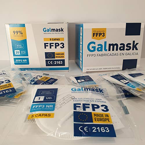 GALMASK Mascarilla FFP3 99% de protección | Fabricada en España de 5 capas | Caja de 20 uds | Homologada Tipo III Certificado Oficial CE