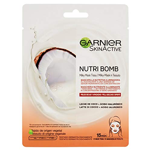 Garnier Skin Active Nutri Bomb Milky Mask Tissu Iluminadora Mascarilla de Tejido con Leche de Coco y Ácido Hialurónico para Pieles Secas y Apagadas 28 g