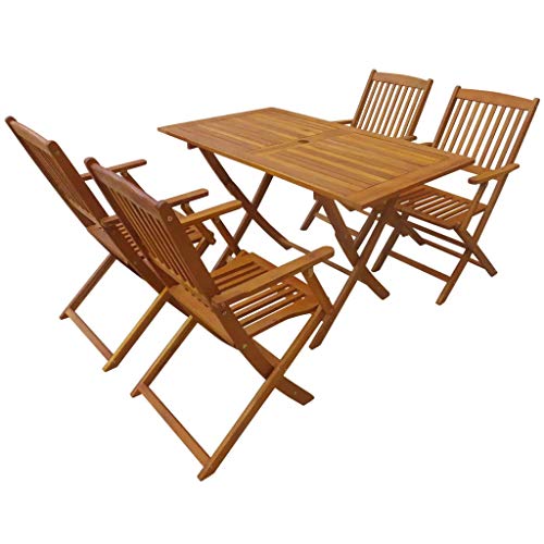 GOTOTOP - 5 mesas y sillas de comedor plegables para exterior, juego de mesa y 4 sillas de jardín de madera maciza de acacia, con orificios para sombrillas