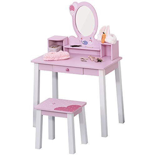 HOMCOM Tocador Infantil con Taburete y Espejo Tipo Princesa Mesita de Maquillaje de Madera Rosa Juguete para Niñas 60x34x93 cm
