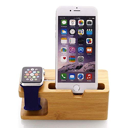 Home-Neat Soporte para reloj Apple, soporte de soporte de madera impermeable de bambú para iPhone y Iwatch 38 mm y 42 mm 2 en 1 organizador de tableta