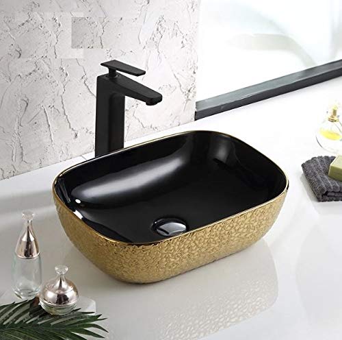 InArt Lavabo rectangular de cerámica para baño,acabado de cuero color dorado negro, lavabo para baño modernos/Tradicional, Sink,lavabo sobre encimera, 18" x 13" x 5" pulgadas