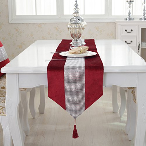 JIAN YA NA Camino de mesa hecho a mano elegante estilo natural con tira de diamantes y borlas para bodas y vacaciones (rojo, 32 x 210 cm)