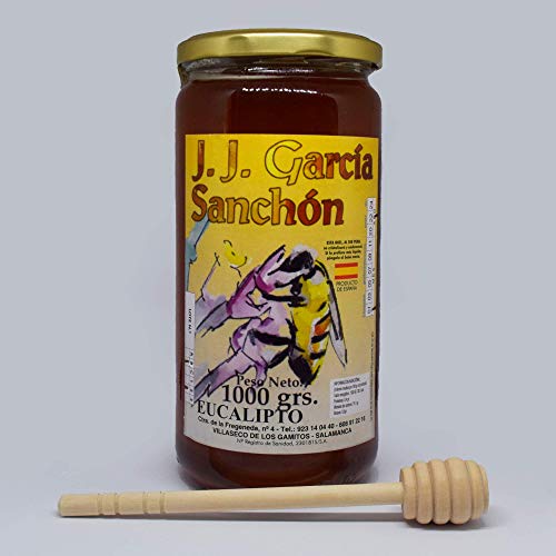 JJ García Sanchón Miel pura de abeja 100 % Natural de España. Tarro de 1 Kilo de Miel de Eucalipto con dispensador de madera y embalaje. Producción artesanal.