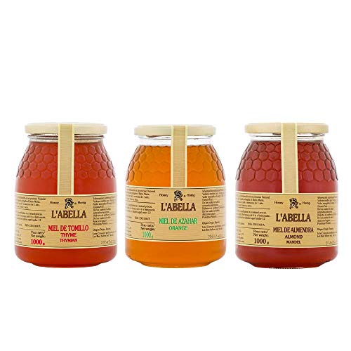 L'Abella Mel - Pack de 3 tipos de miel (3kg) - Miel recolectada en España- Miel de almendra, Miel de azahar y Miel de tomillo