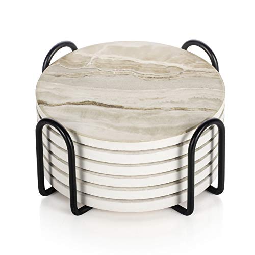 LIFVER Posavasos con soporte, posavasos absorbentes, 6 unidades, estilo mármol, de cerámica para protección de mesa, apto para tipos de tazas, mesa de madera, 10 cm