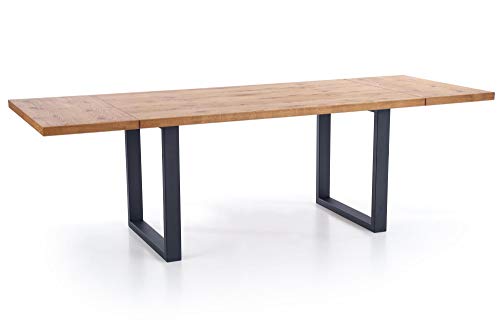 LUENRA Mesa de comedor rectangular extensible de madera maciza 160 (250) x 90 x 76 cm, patas negras de acero pulverizado
