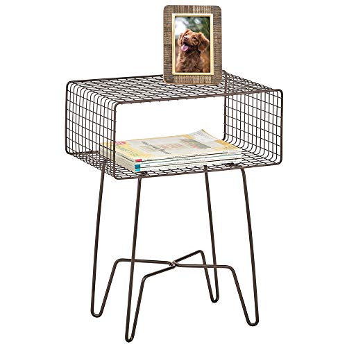 mDesign Mesita auxiliar de metal pequeña – Elegante mesa auxiliar vintage para el salón o el dormitorio – Mesa de centro con moderno diseño de horquilla – color bronce