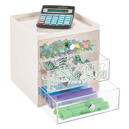 mDesign Organizador de escritorio con 3 cajones – Cajonera pequeña para bolígrafos, clips, notas, etc. – Compacto gavetero de plástico para mesa de oficina – crema y transparente