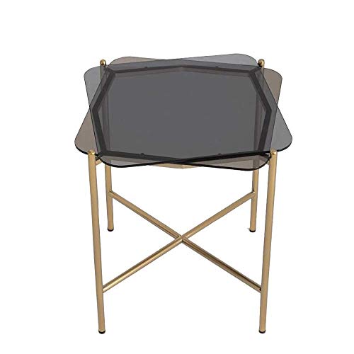Mesa de decoración de muebles Mesa auxiliar de sofá Soporte en forma de pétalo octogonal Mesa de noche de vidrio templado gris de doble capa Soporte chapado en oro de acero inoxidable (Color: Gris