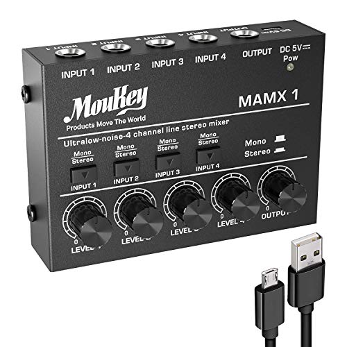 Moukey Mezclador deLínea 4 Canales/Mesa Mezcla Ultra Bajo Ruido/Mini Mezclador deAudio DC 5V 4-Stereo para Pequeños Clubes o Bares