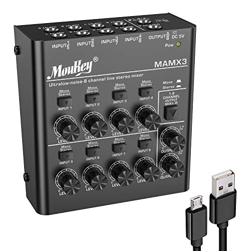 Moukey Mezclador deLínea 8 Canales/Mesa Mezcla Ultra Bajo Ruido/Mini Mezclador deAudio DC 5V 4-Stereo para Pequeños Clubes o Bares