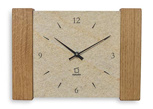 Natuhr Reloj de pared de cuarzo para mesa de madera de roble y piedra arenisca, silencioso, color crema/roble ahumado