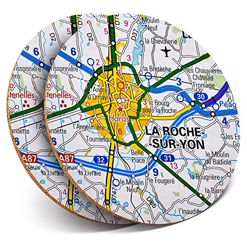 Posavasos redondos de vinilo de Destination Ltd (juego de 2) La Roche-sur-Yon Francia con mapa francés de viaje, bebidas, protección de mesa para cualquier tipo de mesa #45513