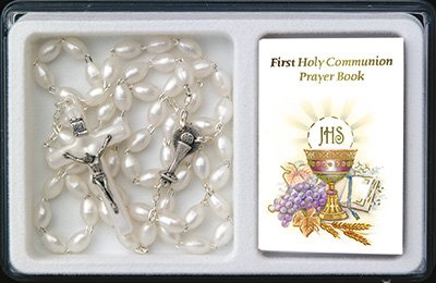 Rosario de perlas blanco para primera Comunión con libro de oración