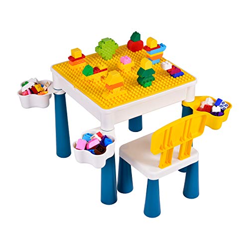 Sararoom Juego de Mesa y Silla Infantiles, 5 en 1 Mesa de Bloques para Niños, Mesa de Actividades Multiusos para niños, Mesa de Estudio, Mesa de Comedor, Mesa de Juego -130 construcción