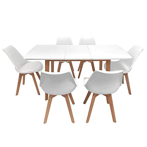 SENJA - Juego de Mesa Extensible 120/160 cm + 6 sillas escandinavas - Todo el Confort con Cojines de Asiento Integrados - Fácil Mantenimiento - Blanco