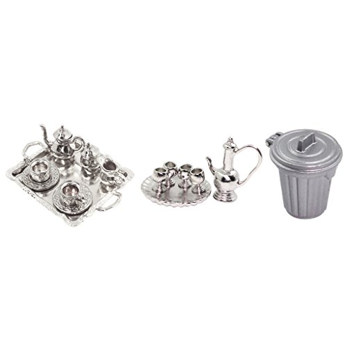 SM SunniMix 17 Piezas 1:12 Casa de Muñecas Miniatura de Metal Plateado Té Café Cafeteras Accesorio para Cubo de Basura