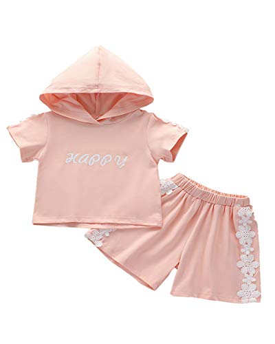 Springcmy Conjunto de ropa para bebé niña con estampado de letras de encaje y manga corta con capucha y pantalones cortos traje de dos piezas