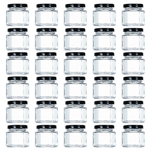 Tebery - Tarros de cristal hexagonales con tapas y etiquetas forradas de plastisol negro (1.5 onzas, 30 unidades)