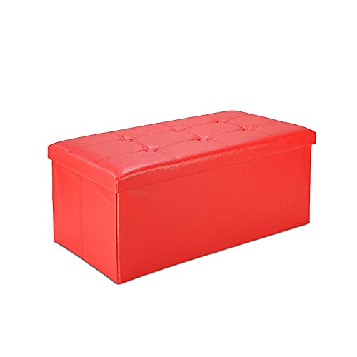 Todeco - Almacenamiento Banco, Almacenamiento Otomano Plegable de Cuero - Carga máxima: 150 kg - Material: Imitación de Cuero - Acabado Cosido y copetudo, 76 x 38 x 38 cm, Rojo