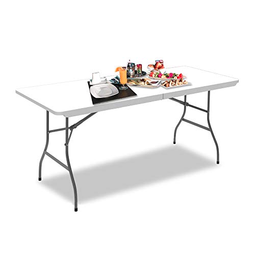 Todeco - Mesa plegable plegable de plástico resistente, mesa plegable, plegable, mesa plegable, mesa, material: HDPE, carga máxima: 100 kg, 180 x 76 cm, color blanco