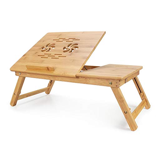 Todeco - Mesa Portátil para Laptop, Bandeja de Cama Plegable - Material: Bambú - Tamaño de la superficie de la mesa: 55,1 x 35,1 cm - Escritorio ajustable con ventilación