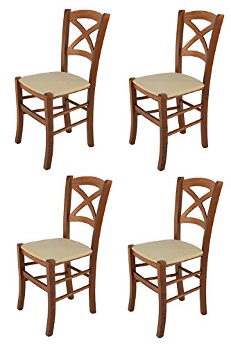 Tommychairs - Set 4 sillas Cross para Cocina y Comedor, Estructura en Madera de Haya Color Nuez Claro y Asiento tapizado en Tejido Color cáñamo
