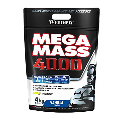 Weider Mega Mass 4000 Sabor Vainilla (4000 g). 69% de hidratos.Enriquecido con Vitaminas y Minerales. Con menos azúcares