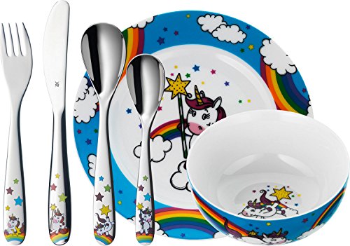 WMF Unicornio - Vajilla para niños 6 piezas, incluye plato, cuenco y cubertería (tenedor, cuchillo de mesa, cuchara y cuchara pequeña) Kids infantil