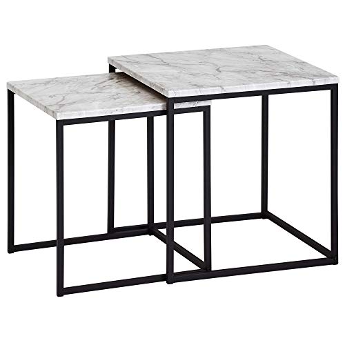 Wohnling Mesa auxiliar de diseño, juego de 2 unidades, aspecto de mármol, color blanco, mesa de centro de 2 piezas, estructura de mesa negra