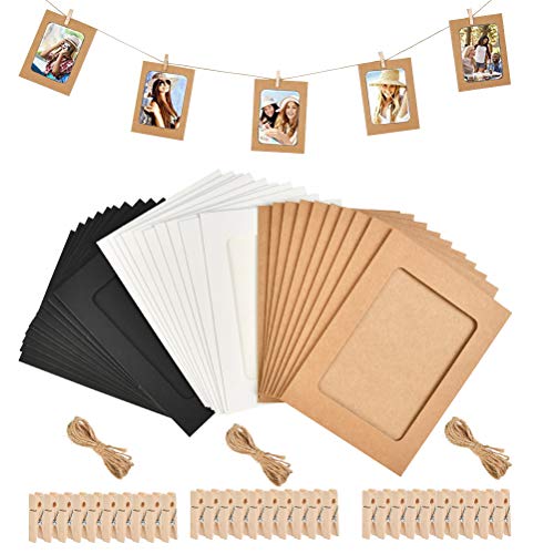 YOTINO 30 Paquetes de Marcos de Fotos de Papel, tapetes con 10 Mini Clips de Madera y Marco de cartón de cartón de Cuerda de cáñamo de 2M para decoración