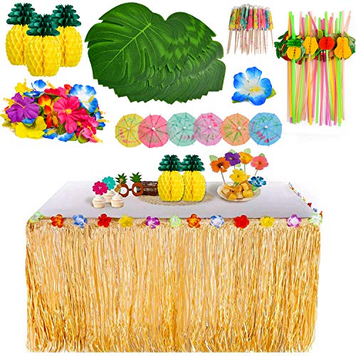 YQing 117 Piezas Hawaiano Luau Falda de mesa Set de decoración, Decoración de fiesta tropical de 9.6FT con hojas de palma Flores hawaianas decoraciones de mesa de fiesta Tiki de verano