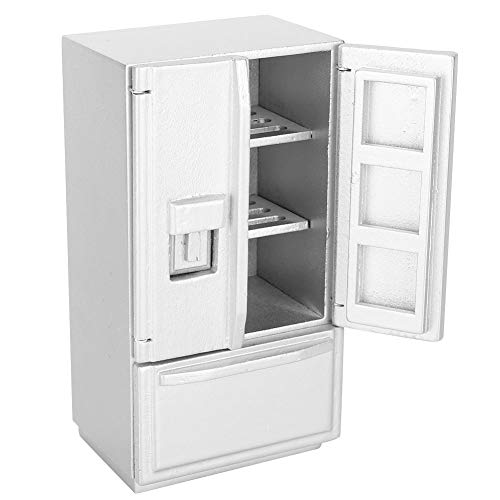 1:12 Refrigerador de Dos Pisos, Mini Abedul Mini refrigerador de Madera Refrigerador Casa de muñecas Muebles de Cocina para decoración de Casas de muñecas(Plata)
