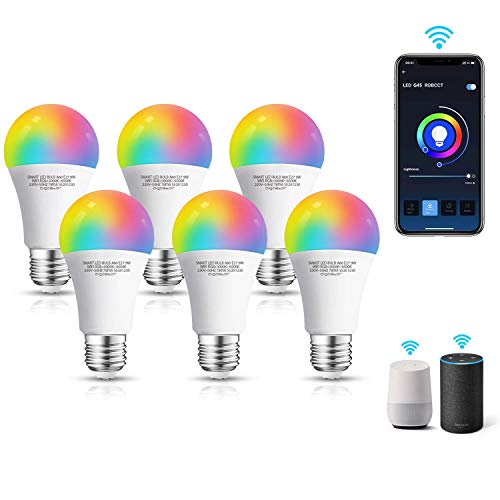 Aigostar Bombilla LED inteligente WiFi A60, 9W, E27 rosca gorda, RGB + CCT. Regulable multicolor+luz cálida o blanca 3000 a 6500K, 800lm.Compatible Alexa y Google Home. Pack 6 uds Clase energética A+