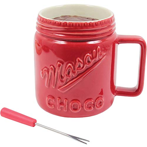 Amatable 39-2K-003 - Taza para fondue de chocolate con vela y su tenedor pico, cerámica, 15 x 16,6 cm, color rojo